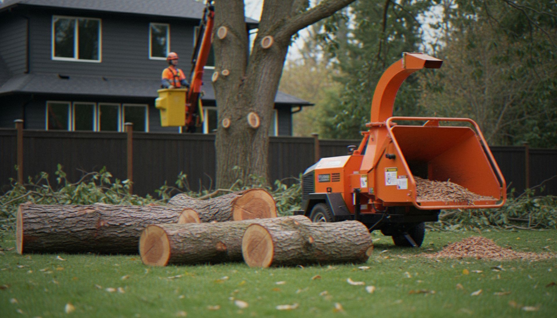 Worker in helmet cutting a large tree trunk fallen beside a house in a residential yard. Worker in helmet cutting a large tree trunk fallen beside a house in a residential yard.
