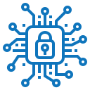 A blue icon of a computer chip with a padlock on it.