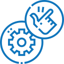A blue icon of a hand pointing at a gear.