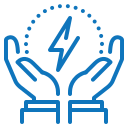A blue icon of two hands holding a lightning bolt.