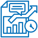 A blue line icon of a graph with an arrow and a clock.