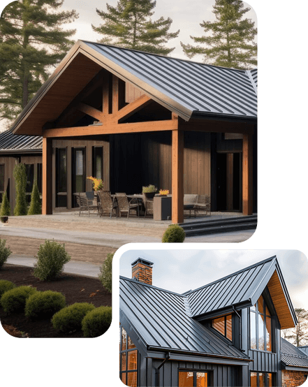 Two photos grouped together. The larger top photo shows a modern wooden house with a new metal roof. The smaller bottom photo shows a metal house with a metal roof and a brick chimney.
