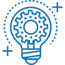 A light bulb with a gear inside of it and a plus sign.