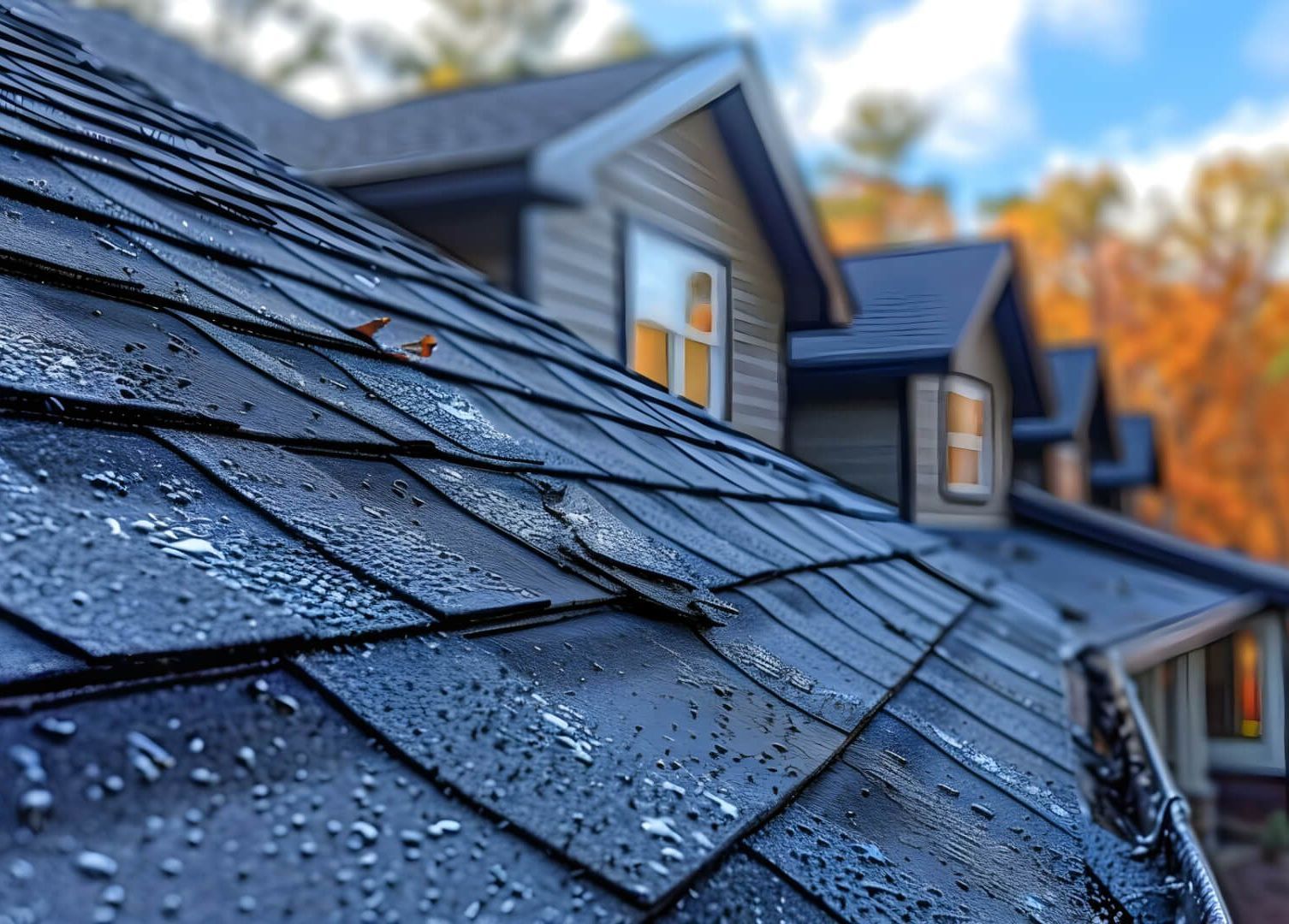 A close up of a roof with water drops on it.