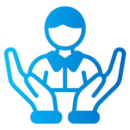 A blue icon of two hands holding a person.