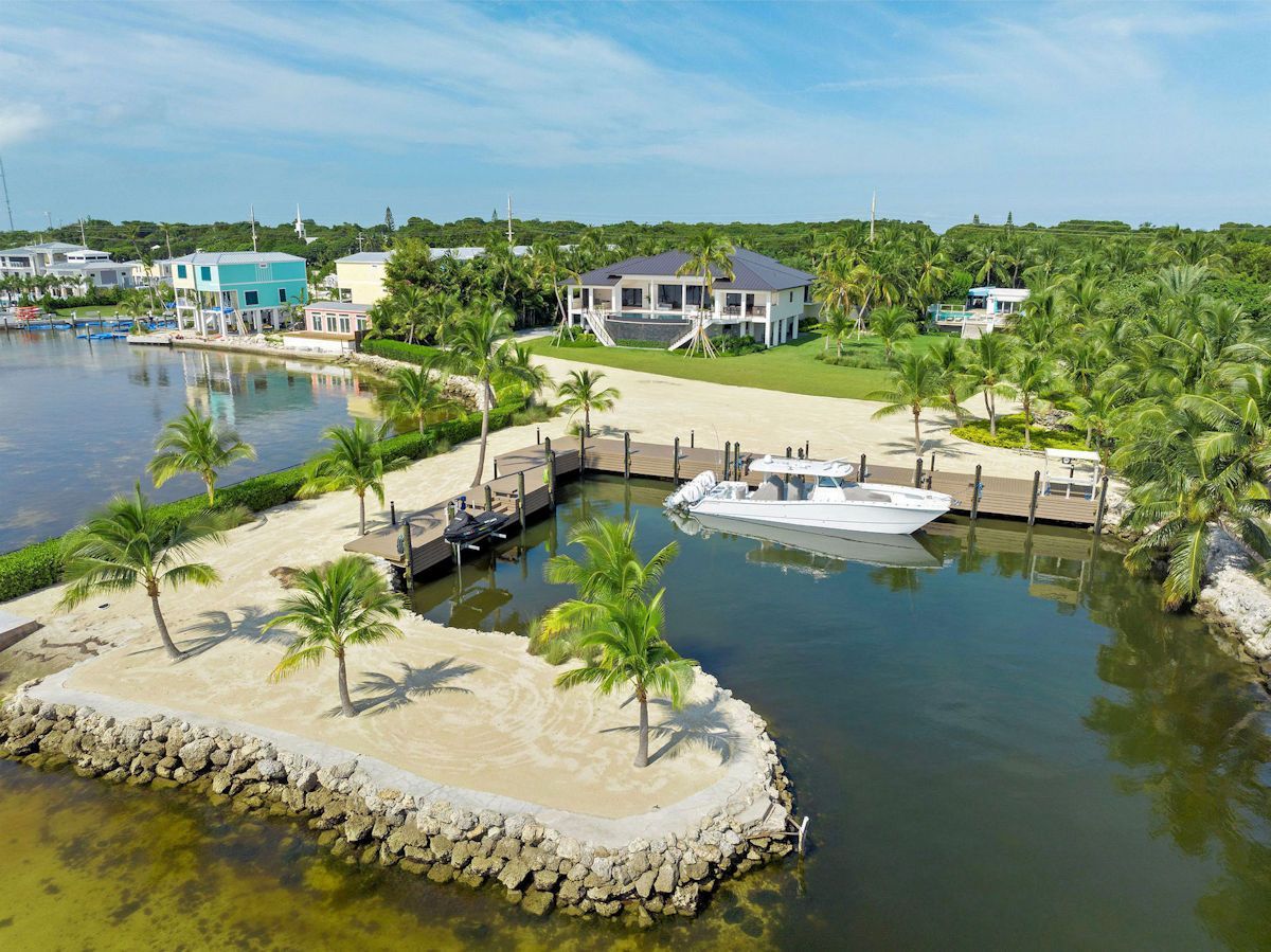 The Oasis, an aerial view of a tropical island with a boat docked in the water .