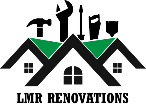 LMR Renovations logo with house roofs and construction tools in black, white, and green