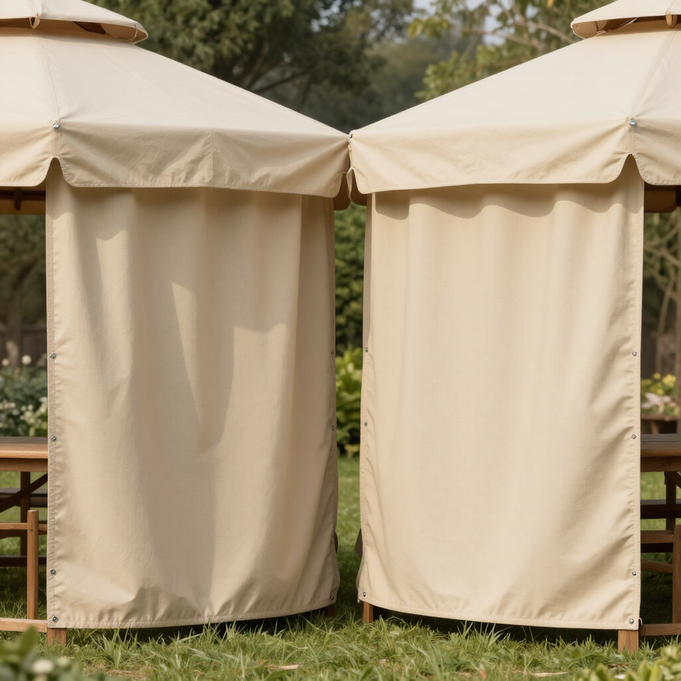 Due gazebo in tela beige in un giardino, affiancati e con la parte frontale aperta.
