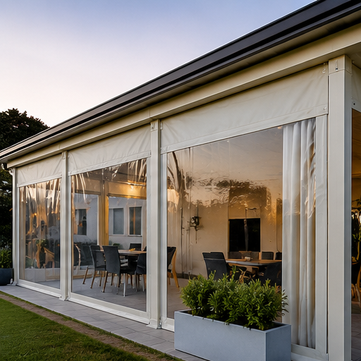 Veranda moderna con pareti in vetro, tende, set da pranzo e fioriera al crepuscolo