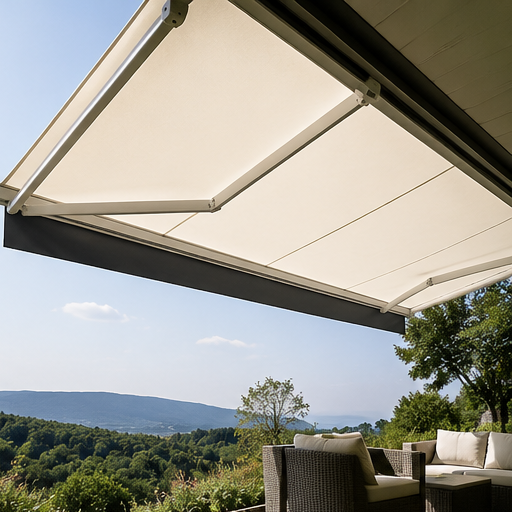 Patio coperto con tenda da sole retrattile, sedie a sdraio e una vista panoramica sulla collina.