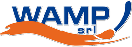 Logo di WAMP srl in blu e arancione con una linea stilizzata a forma di swoosh.