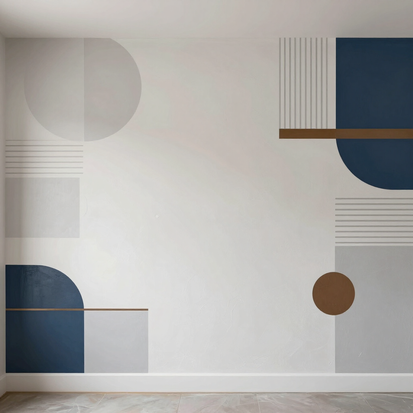 Quadro astratto geometrico da parete nei toni tenui del beige, blu navy, grigio e marrone.