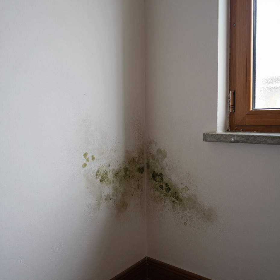 Angolo di una stanza bianca con muffa verde sulla parete vicino a una finestra.