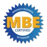 Blue starburst logo with gold “MBE” and the words “Minority Business Certified Enterprise”