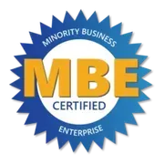 Blue starburst logo with gold “MBE” and the words “Minority Business Certified Enterprise”