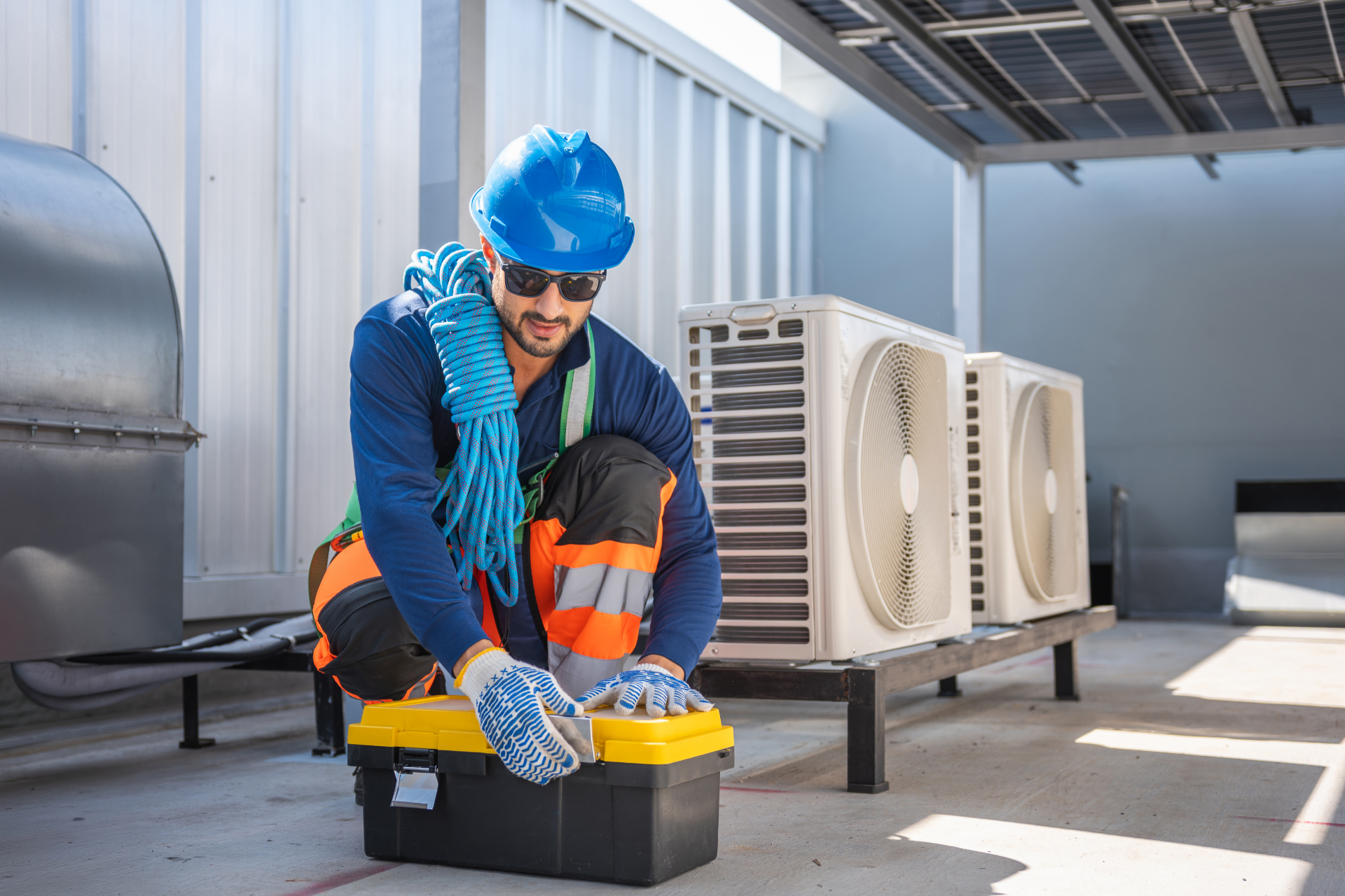 Worker in blue safety gear kneeling by a toolbox beside rooftop HVAC units