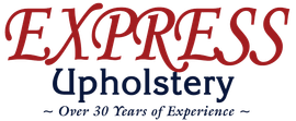 A red and blue logo for express upholstery