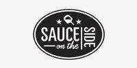 A black and white logo for sauce on the side.