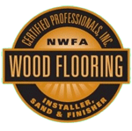 NWFA Certified Wood Flooring Installer, Sand & Finisher seal. Orange and black.