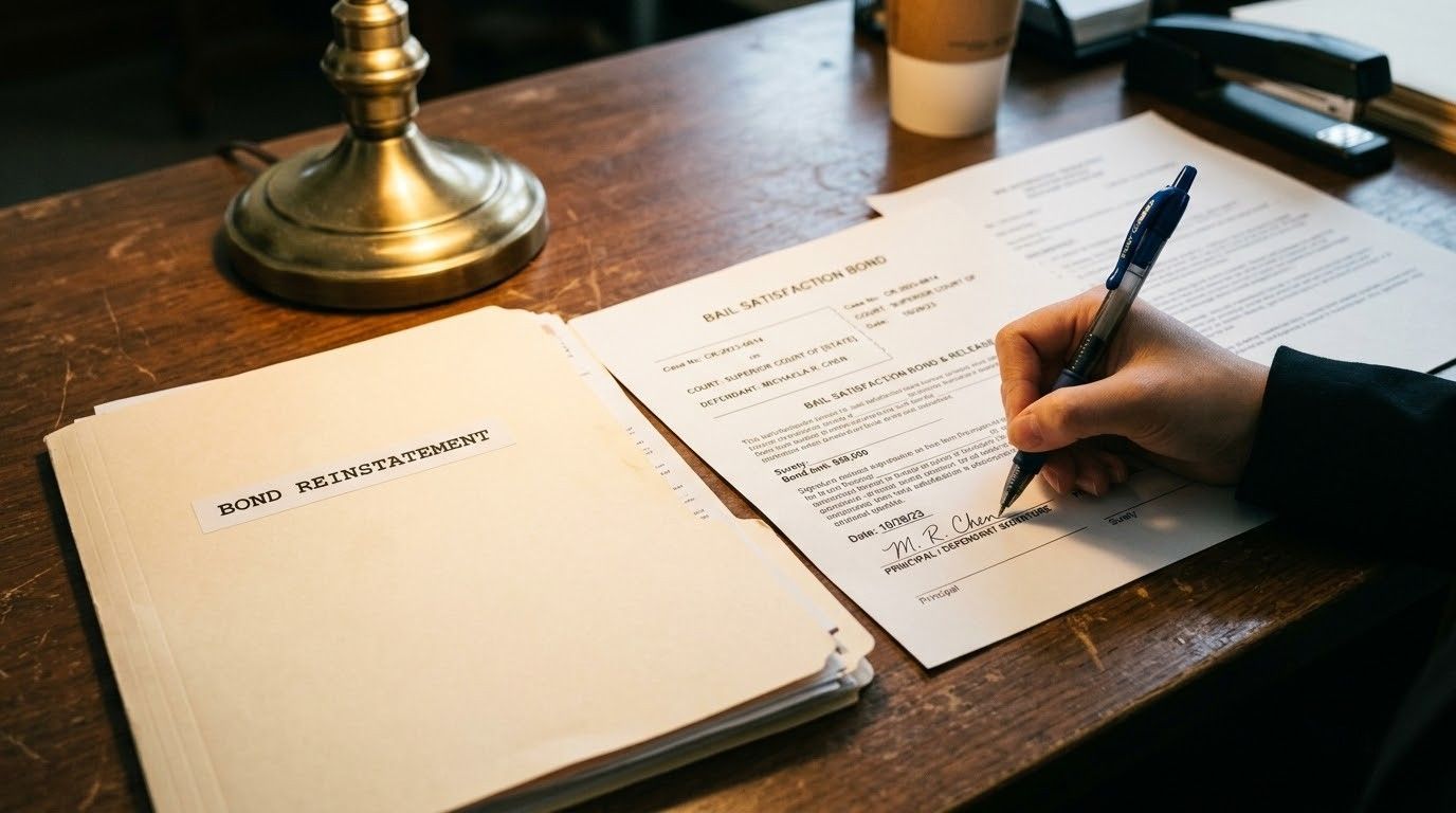 Hand writing on a form beside an open notebook and desk lamp on a wooden table