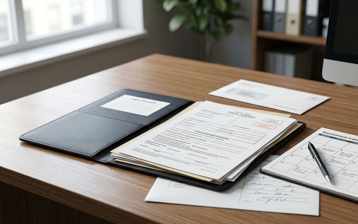 Notebook labeled “PRIVATE” on a wooden desk beside a pen and sealed envelope.