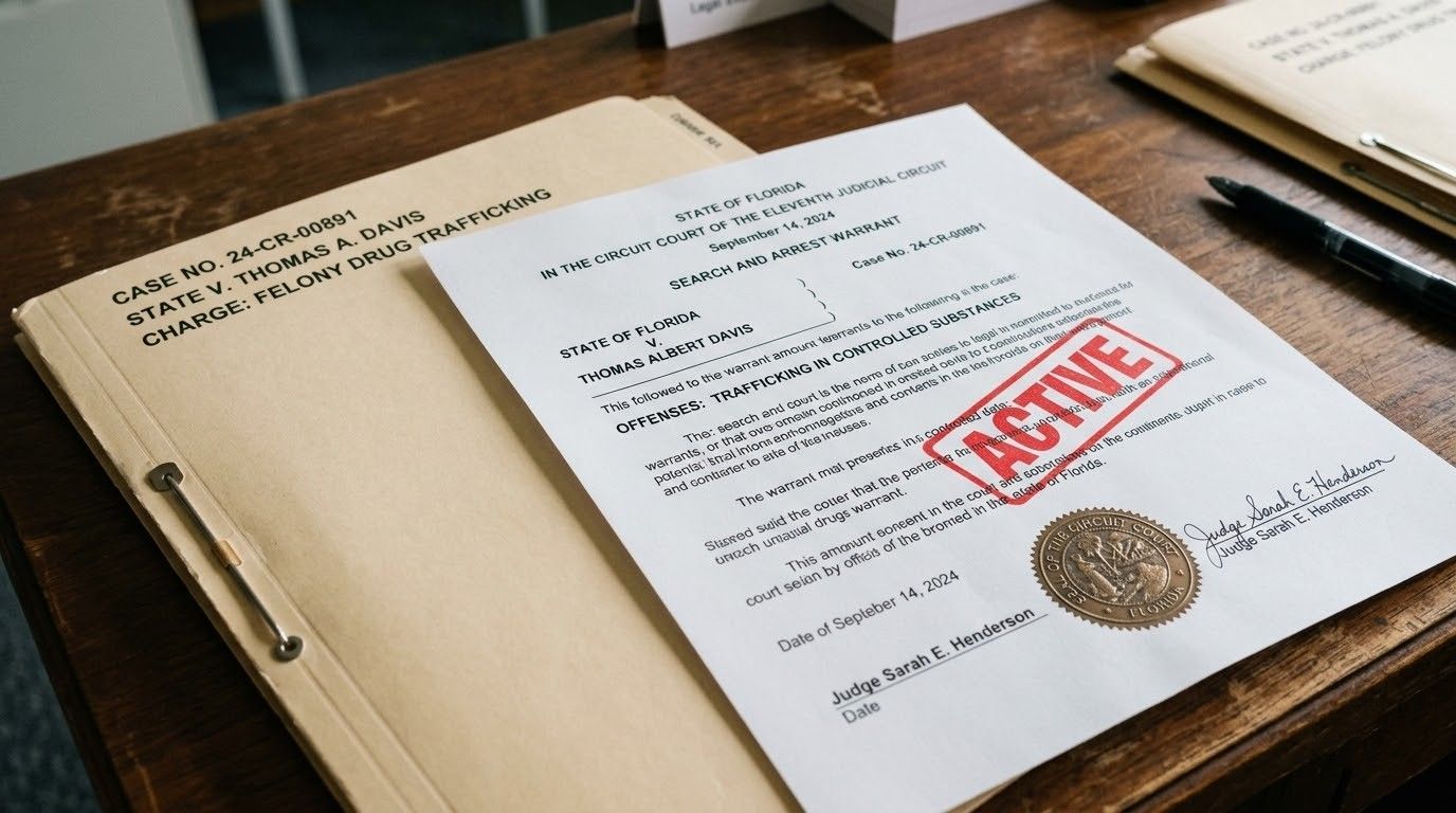 Close-up of an active legal document folder on a wooden desk with a red stamp seal