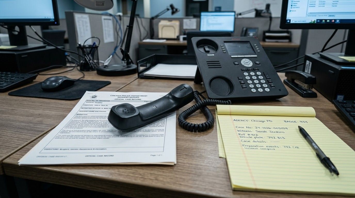Desk with office phone, paperwork, pen, and computer monitors in a workspace.