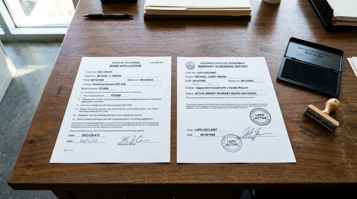 Two documents on a wooden desk beside a black ink stamp and stamp pad