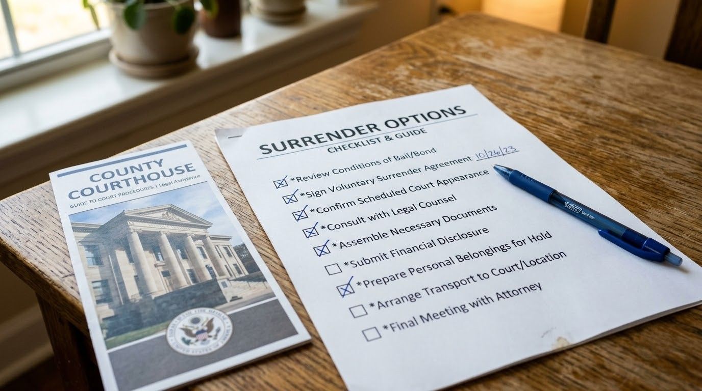 Brochure and current options form on wooden table with blue pen, near a potted plant and window light
