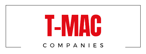 Logo for T-Mac Environmental, featuring red text with a black outline over a black rounded rectangle that spells