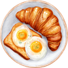 A watercolor-style illustration of a breakfast plate featuring a golden-brown croissant, toast, and two fried eggs.
