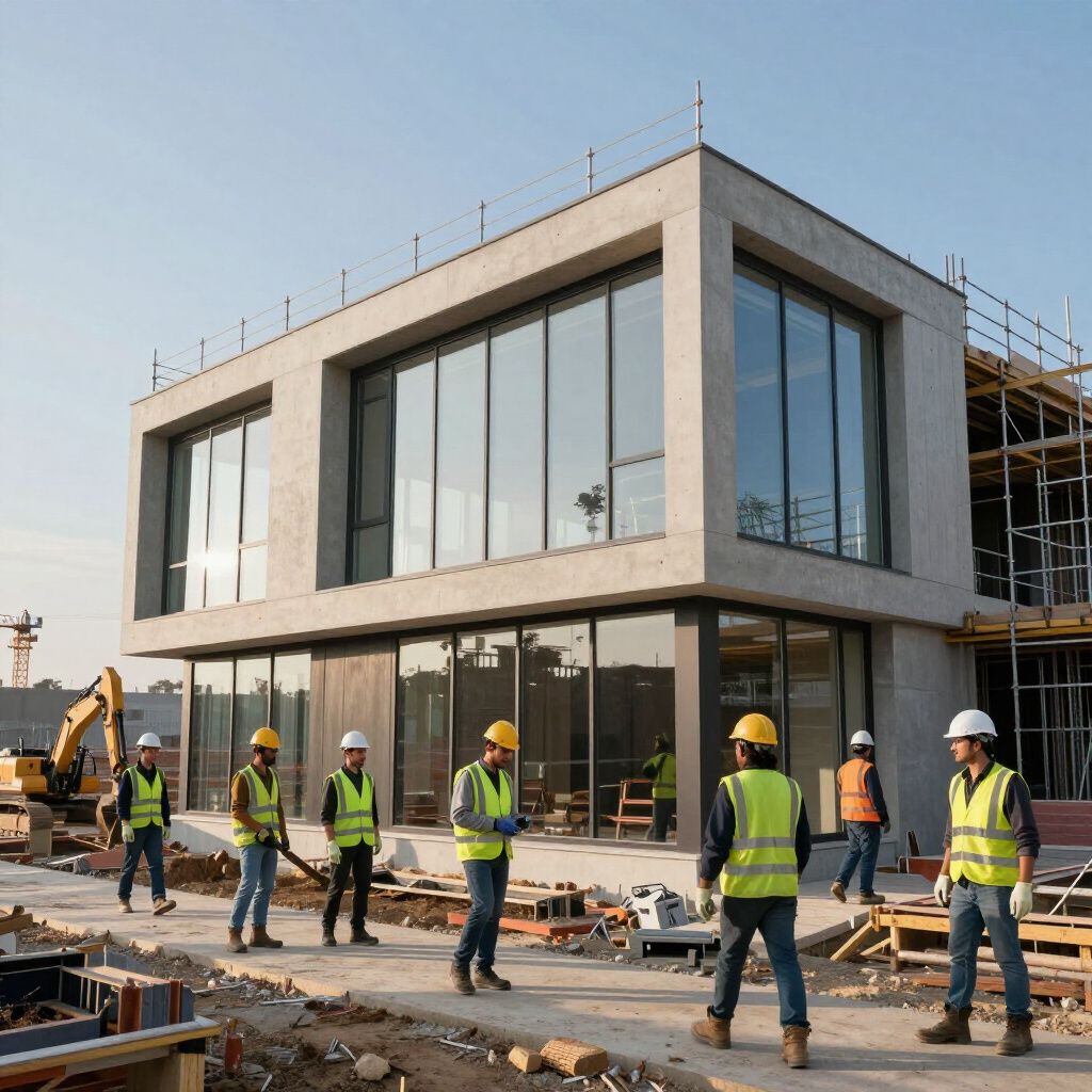 Construction workers at a building site with a modern concrete building and an excavator.