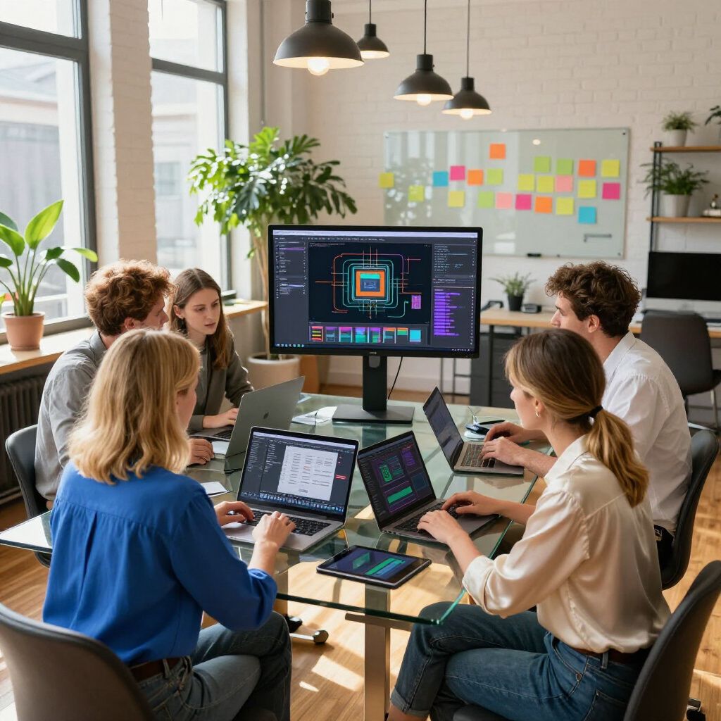 Group of people collaborating around a table, looking at laptops and a large monitor displaying design software.