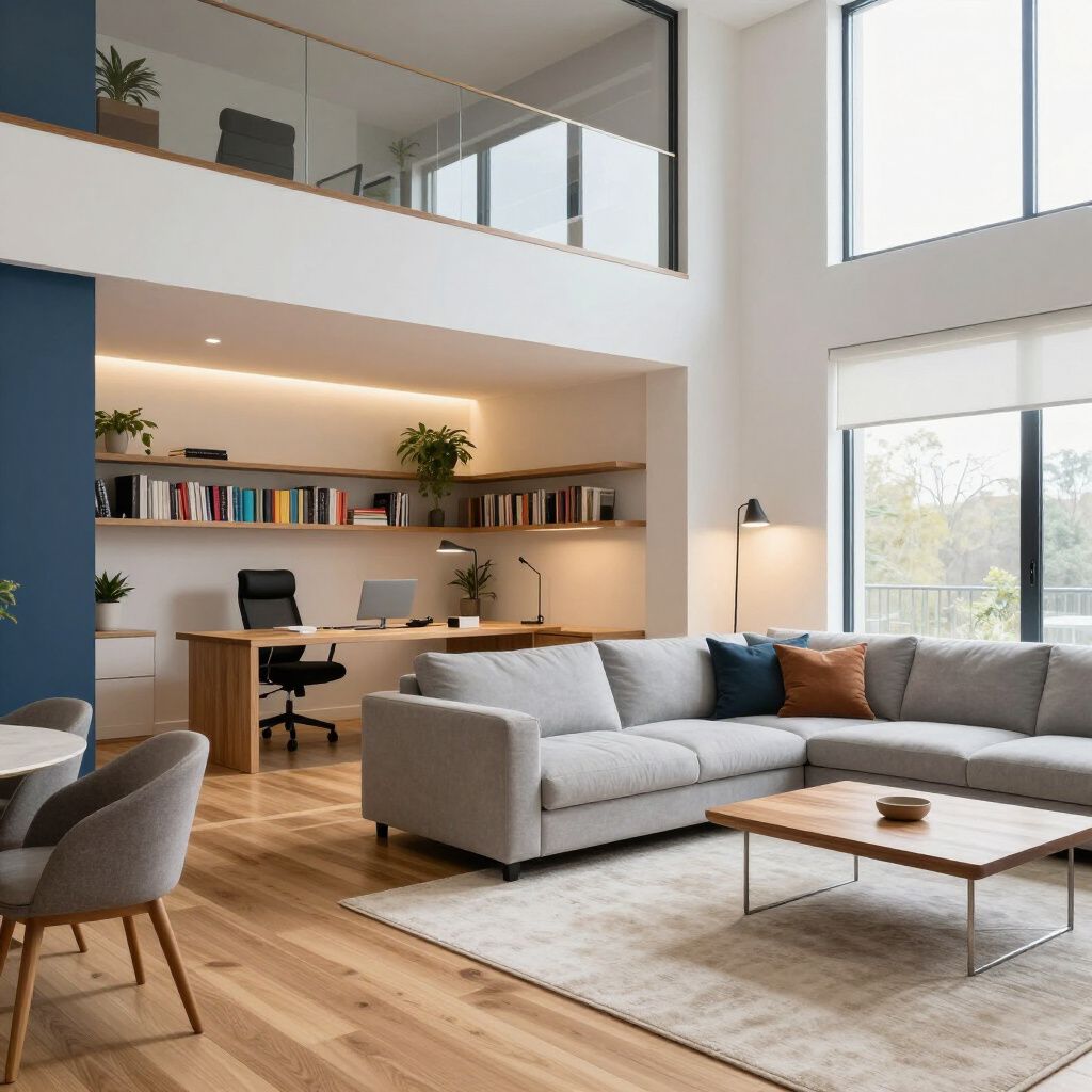 Spacious living area with a loft office, featuring a gray sectional sofa, wooden floors, and a blue accent wall.