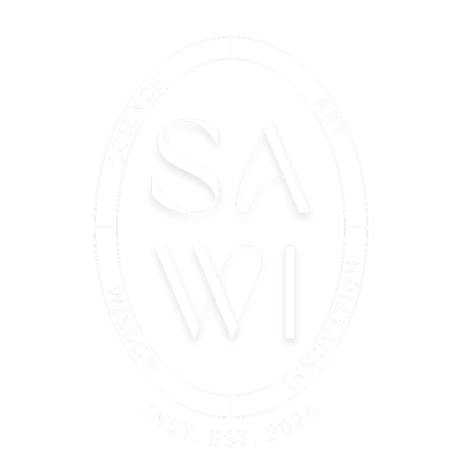 Faint oval logo with the letters “SAWI” in the center on a white background