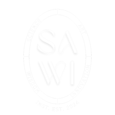 Faint oval logo with the letters “SAWI” in the center on a white background