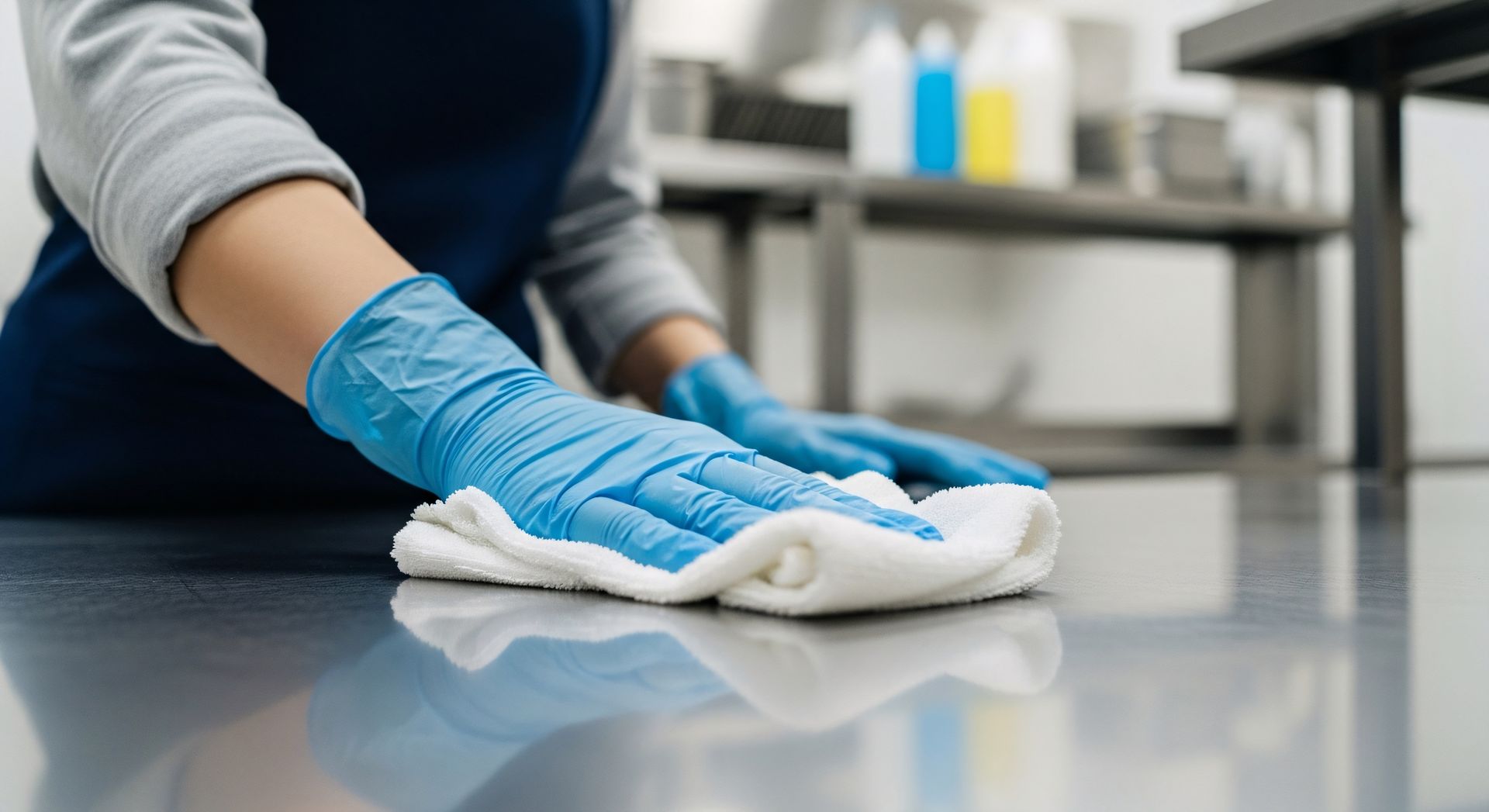 Person wearing blue gloves wiping a shiny metal surface with a white cloth.