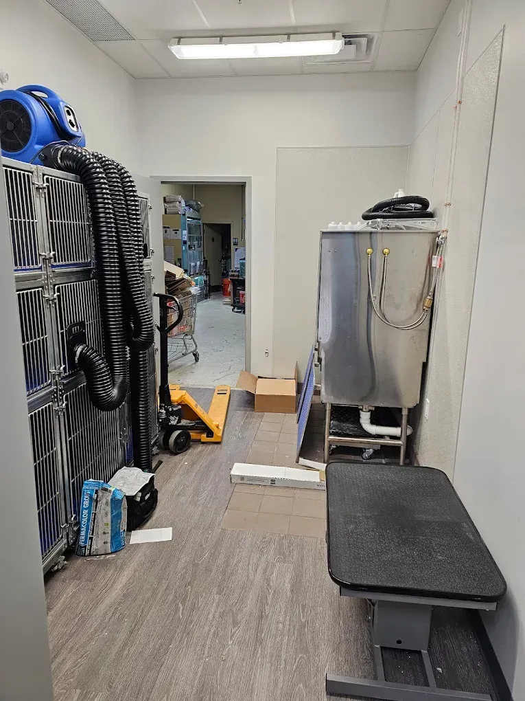 Room with cages, equipment, and a grooming table. Doorway leads to another room.