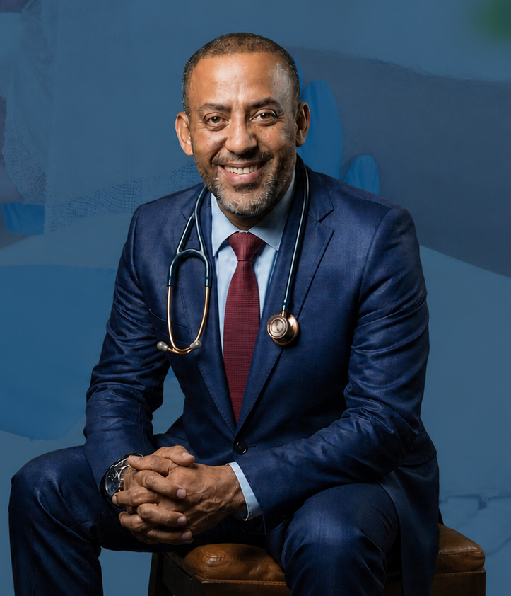 Médico sorridente de terno azul-marinho e estetoscópio, sentado contra um fundo azul de estúdio.