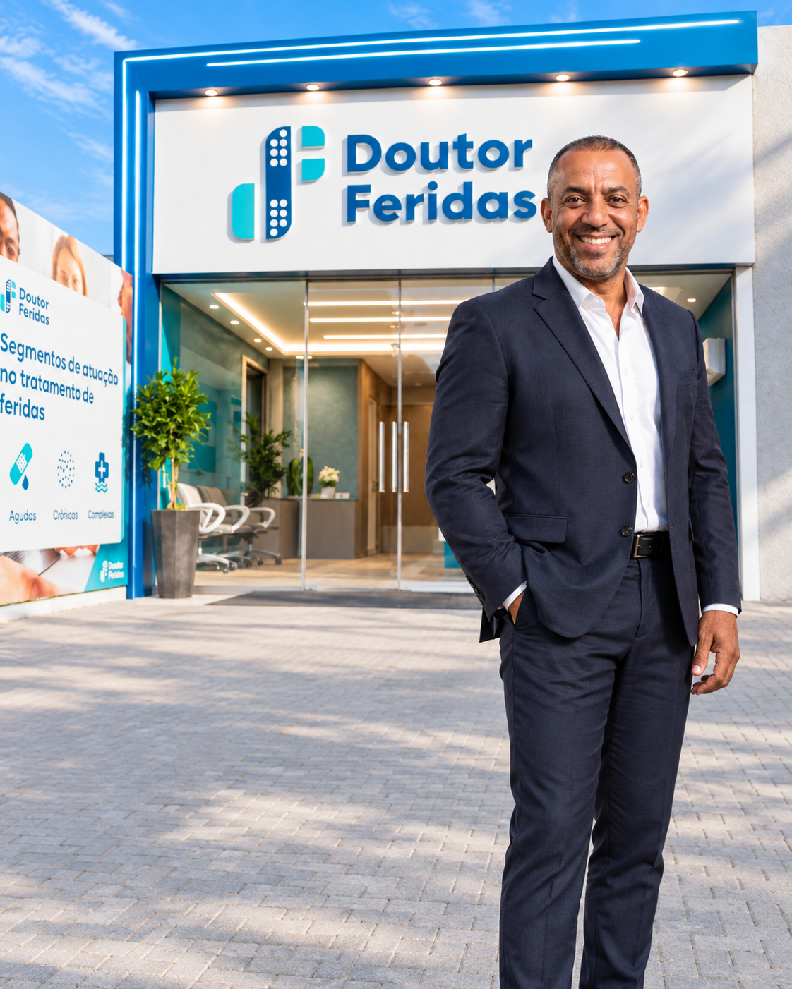 Enfermeira atendendo paciente em recepção de clínica Doutor Feridas
