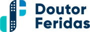 Logotipo do Doutor Feridas em azul e verde-azulado com um &iacute;cone de cruz em estilo m&eacute;dico.