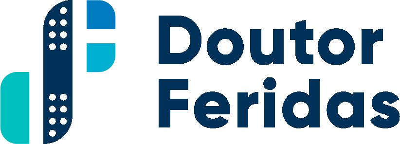 Logotipo do Doutor Feridas em azul e verde-água com uma cruz médica estilizada e uma linha vertical pontilhada.