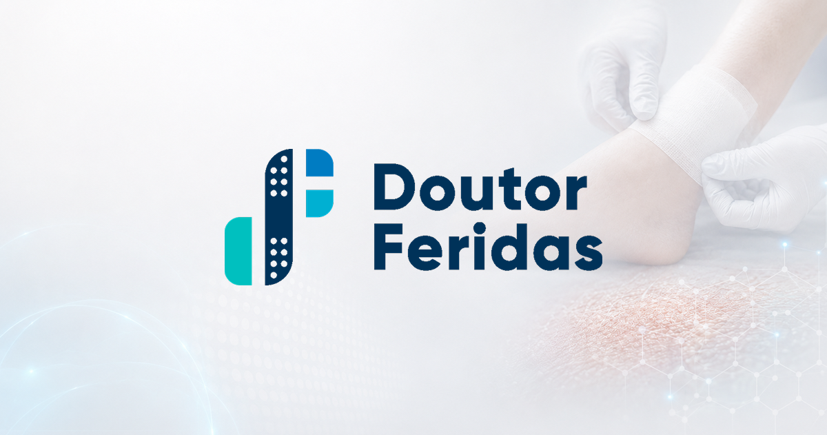 Logotipo da Doutor Feridas em azul e verde-água sobre um fundo claro com tema médico.