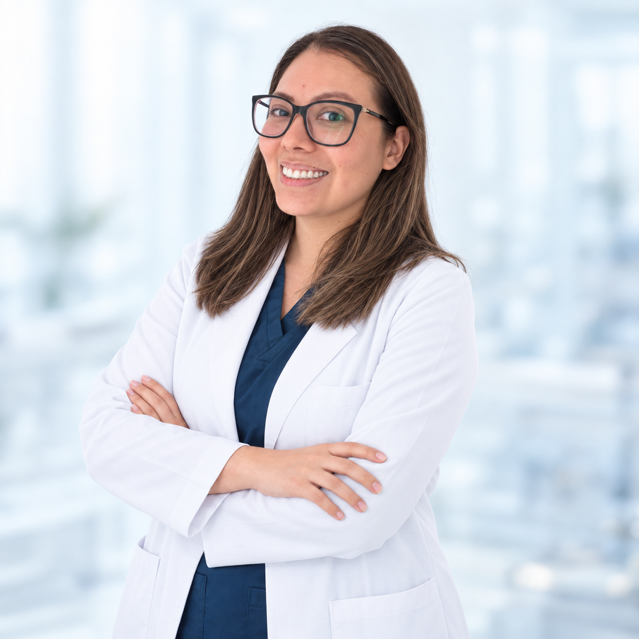 Retrato de um médico sorridente de jaleco branco contra um fundo iluminado de corredor de hospital.