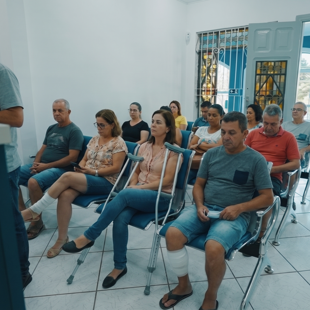 Pessoas sentadas em uma pequena sala de reuniões, ouvindo atentamente em cadeiras brancas.