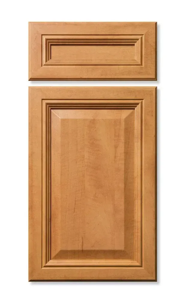 Two unfinished light wood cabinet doors, one smaller drawer front above a larger panel door.