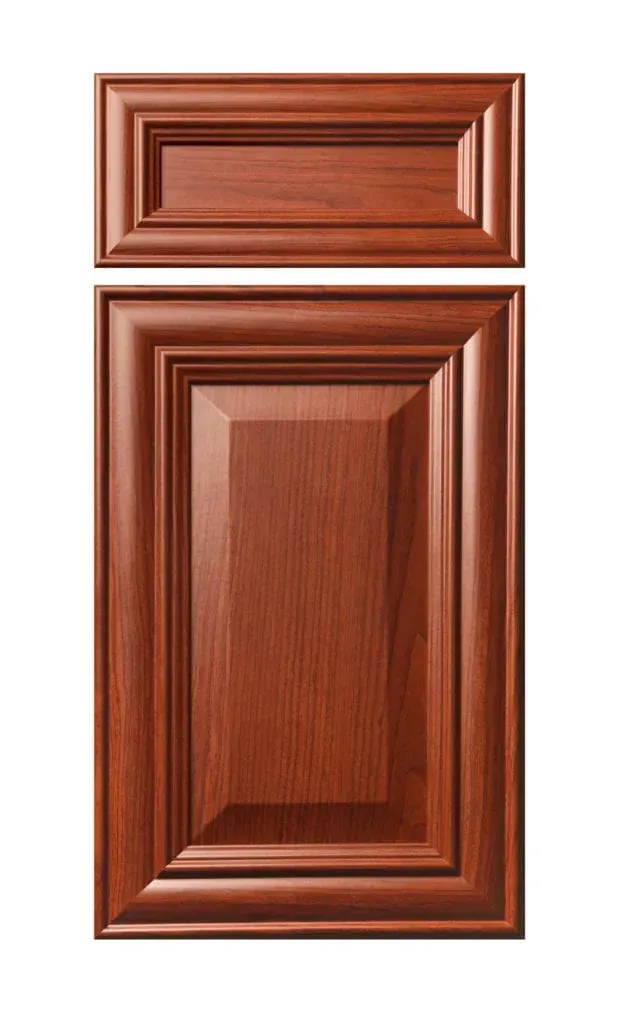 Two-piece wooden cabinet door panel with raised rectangular molding, in warm brown finish
