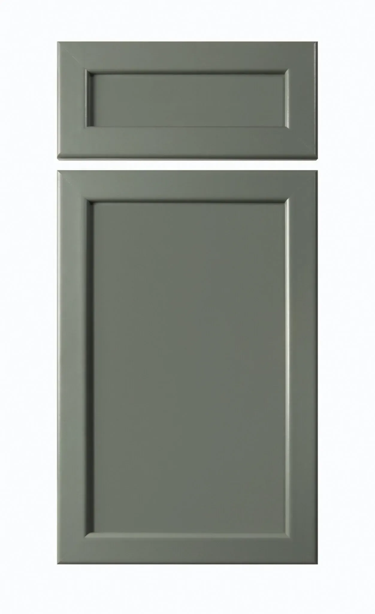 Gray cabinet door with recessed rectangular panels and a narrow top drawer front