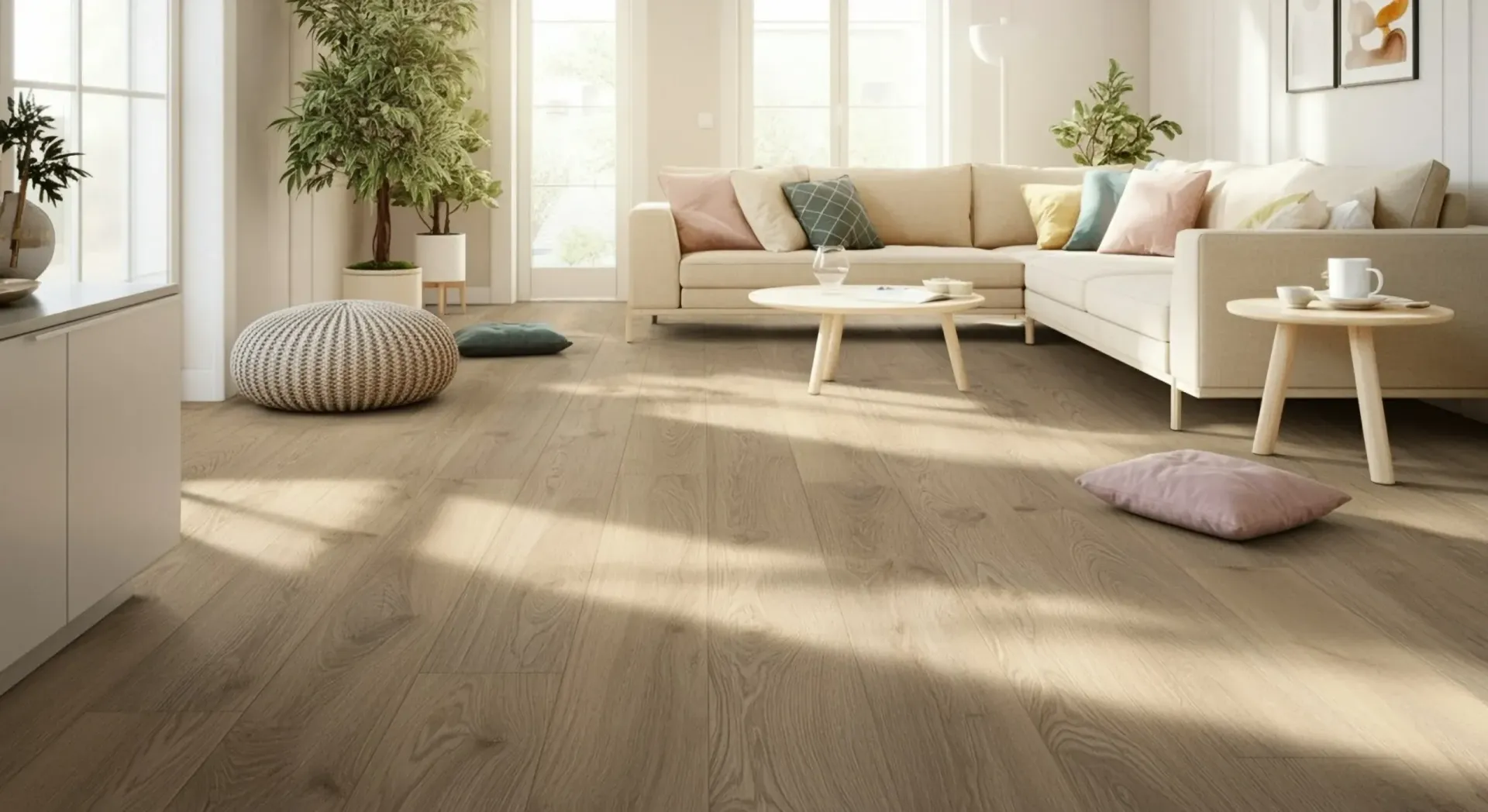 Bright living room with beige sofa, coffee table, cushions, plants, and sunlight on wooden floor