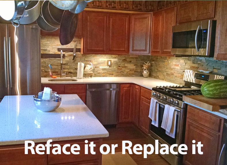 Kitchen with dark wood cabinets, granite island, and text reading “Reface it or Replace it”